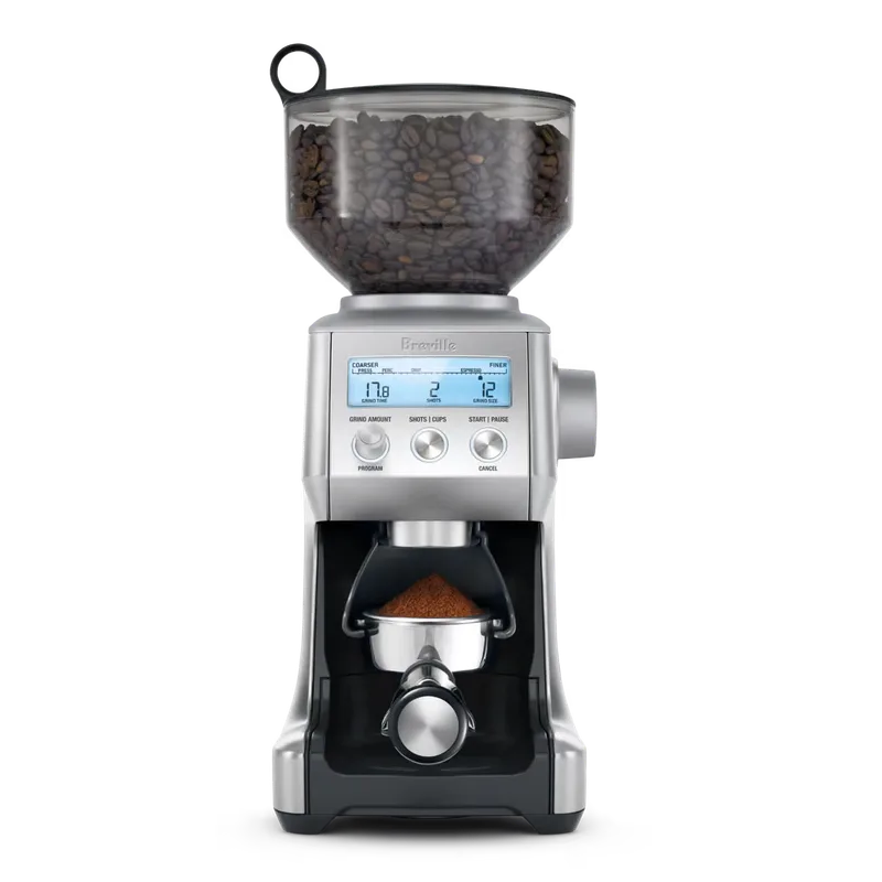 Breville the Smart Grinder Pro, front view in brushed stainless steel