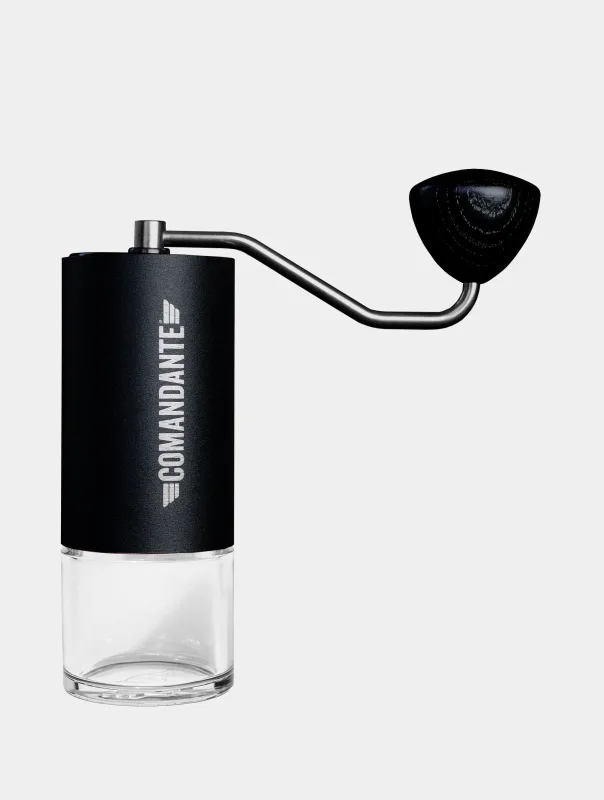 Comandante C40 MK4 Nitro Blade BLACK grinder, front view of the black powder-coated body with crank and glass Bean Jar
