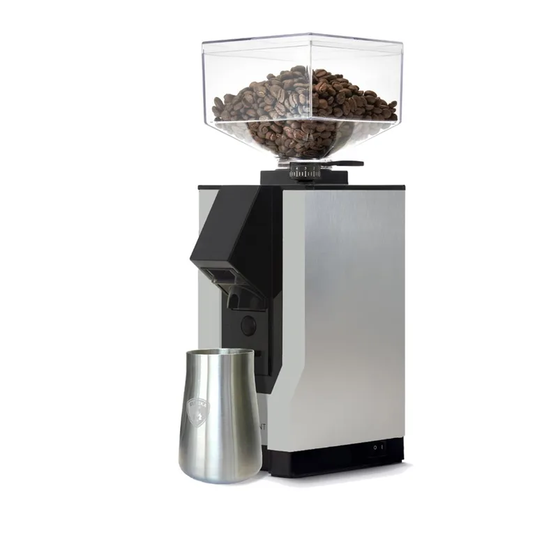 Eureka Mignon Filtro Silent filter coffee grinder, front view, polished natural silver
